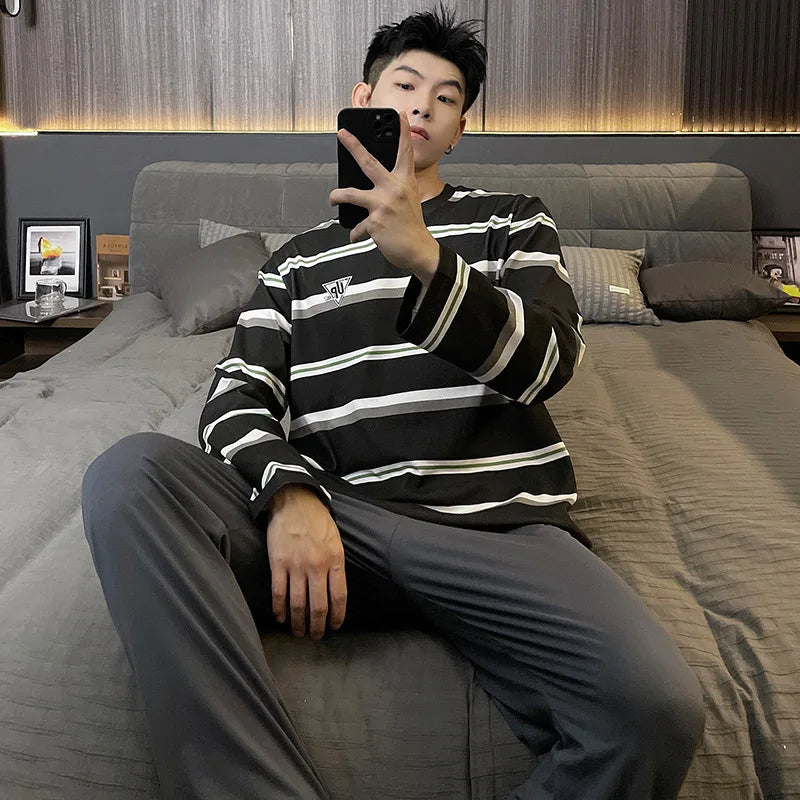 Autumn Cotton Pijama for Men Plus Size 3XL Lounge Pyjamas Set Male 2 Pieces Set Sleepwear Sleeping Top Pant Home Suit 2022