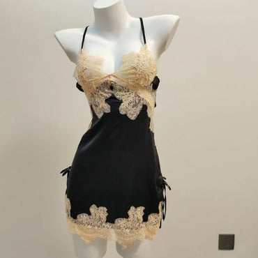 Silk Nightgowns Sexy Pajamas Pure Desire High Quality Deep V Nightdress Small Chest Hollow Lace Halter Pajama Dress Home Clothes