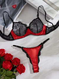 Women's Sexy Satin Lace Lingerie Set - See Through Push Up Bra &Brazilian Panties, Sheer Strappy for Valentine's Christmas Gifts