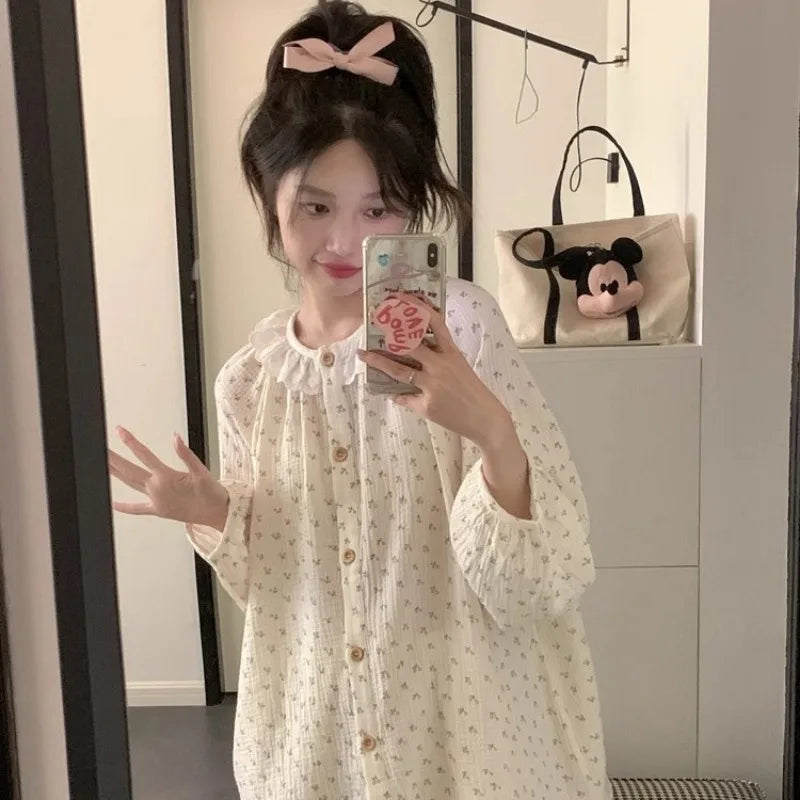 Women Plus Size Pajamas Autumn and Winter Long-Sleeved Trousers Student Homewear Two-Piece Round Neck Floral Wearable Pajamas