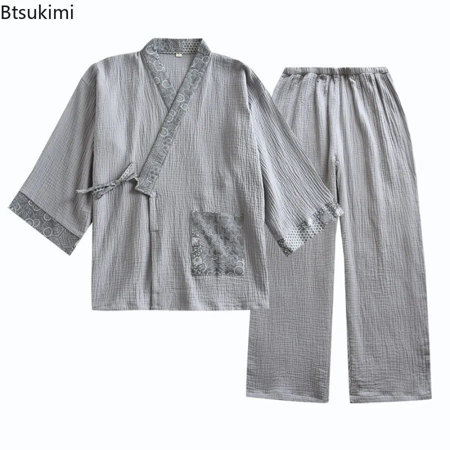 New Men's Cotton Pajama Sets Japanese Kimono Plus Size Long Sleeve Pant Suit Casual Comfortable Home Service Two-piece Sleepwear