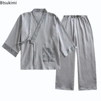 New Men's Cotton Pajama Sets Japanese Kimono Plus Size Long Sleeve Pant Suit Casual Comfortable Home Service Two-piece Sleepwear