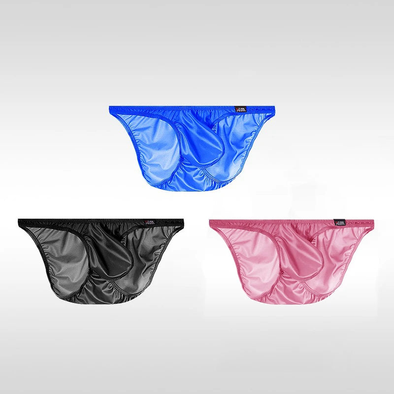 3PCS Japanese men's underwear ice silk low waist sexy triangle pants U convex three-dimensional silky tight