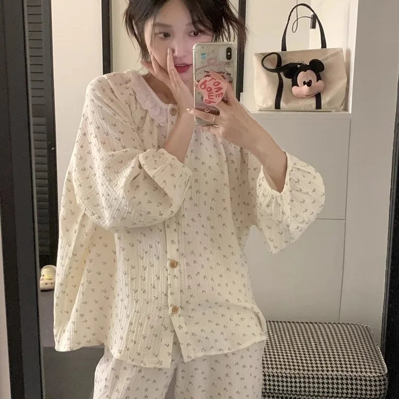 Women Plus Size Pajamas Autumn and Winter Long-Sleeved Trousers Student Homewear Two-Piece Round Neck Floral Wearable Pajamas