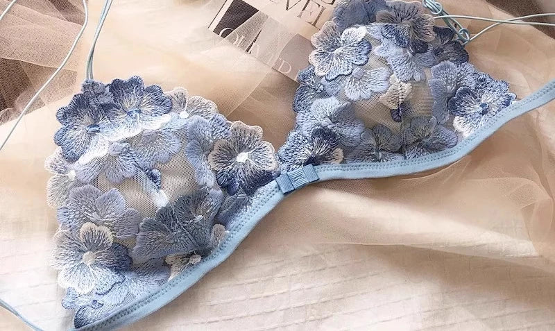 French Niche Lingerie Set Embroidered Mesh Triangle Cup Wireless Bralette Retro Lace Thin Sexy Comfortable Bra USA Tushy MOYISU