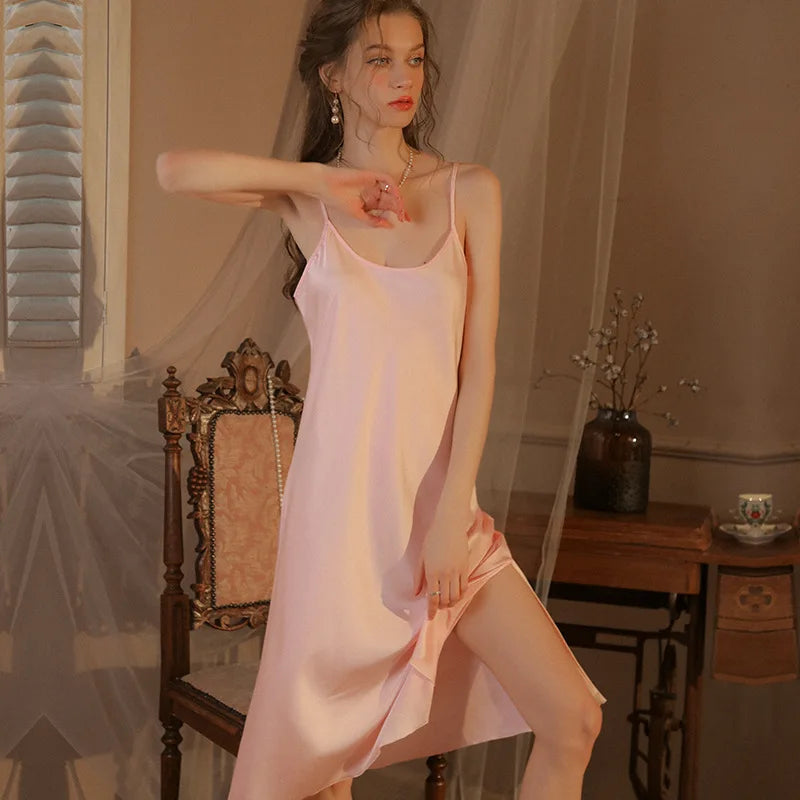 Chemise Sleepdress Summer Lady Sleepwear Female Sexy Spaghetti Strap Nightgown Rayon Nightdress Side Spllit Kimono Dressing Gown