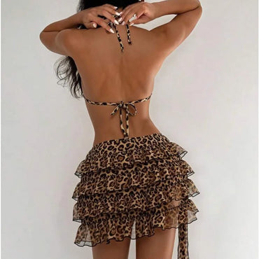 Leopard Print 3-Piece Bikini Set for Women Sexy Swimsuit Beach Party Swimwear Summer Tankini Beach Wear