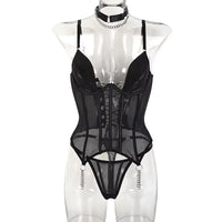 Fancy Lingerie Backless Lace Up Corset Set Seamless Underwear 3-piece Bra Kit Push Up Exotic Sets Black Fine Intimate