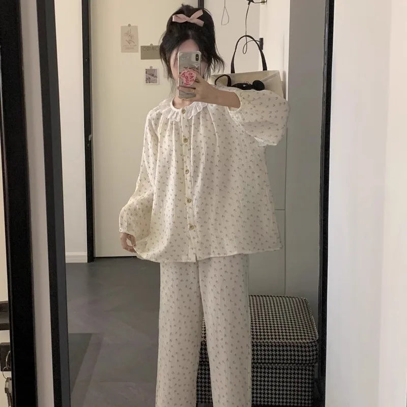 Women Plus Size Pajamas Autumn and Winter Long-Sleeved Trousers Student Homewear Two-Piece Round Neck Floral Wearable Pajamas