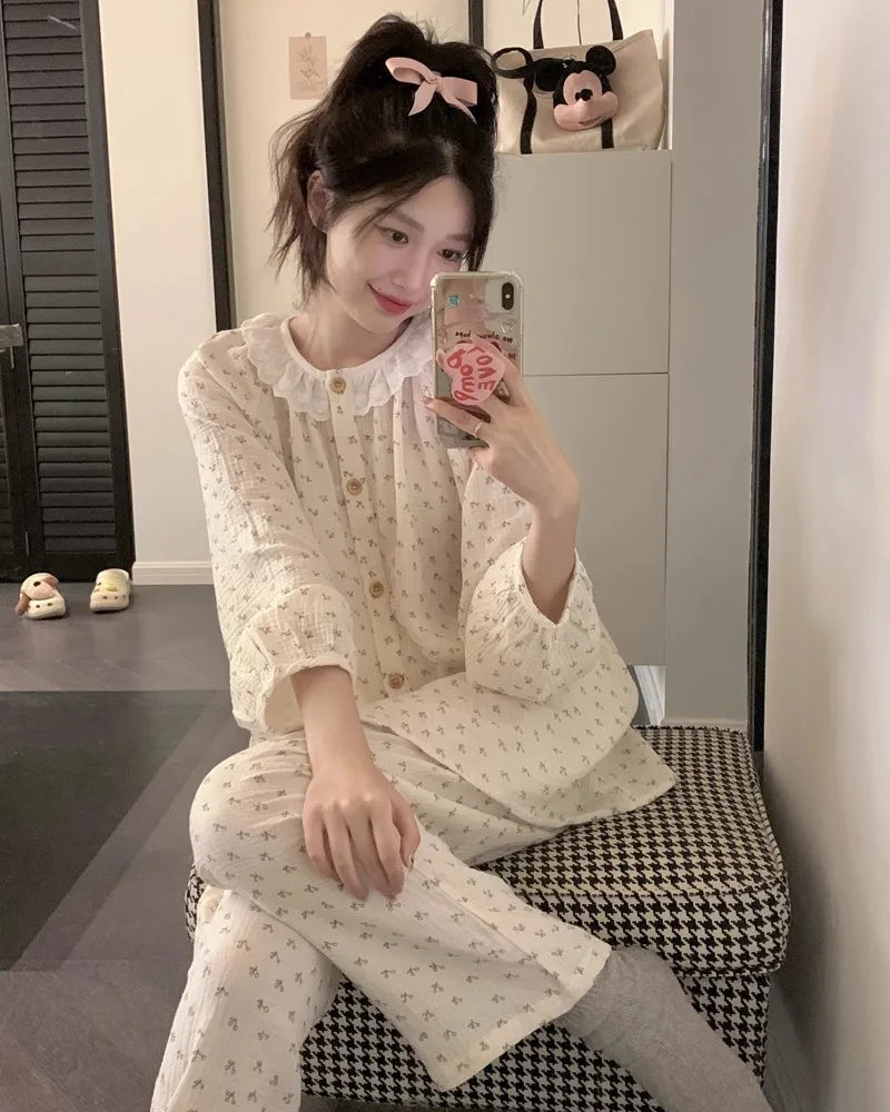 Women Plus Size Pajamas Autumn and Winter Long-Sleeved Trousers Student Homewear Two-Piece Round Neck Floral Wearable Pajamas