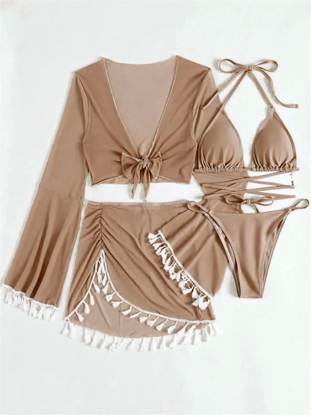 S - XL With Tassel Skirt Long Sleeve Bikini Women Swimwear Female Swimsuit Four-pieces Bikini set Bather Bathing Suit Swim V7060