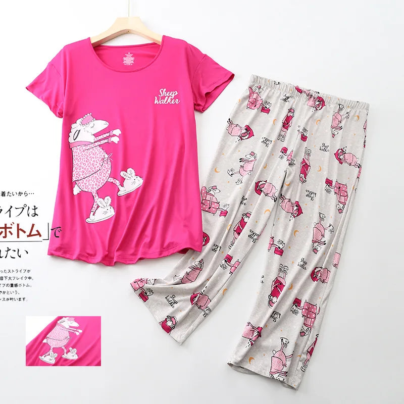 Pajama Sets for Women Summer Short Sleeve Plus Size Lightweight Sleepwear Suit Cute Fresh Homewear 2pcs Suits