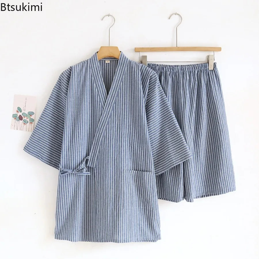 2026 Men's Summer 100% Cotton Pajama Sets Loose Bathrobes V-Neck Kimono Pijama Striped Half Sleeve and Shorts Men Homewear Suit