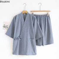 2026 Men's Summer 100% Cotton Pajama Sets Loose Bathrobes V-Neck Kimono Pijama Striped Half Sleeve and Shorts Men Homewear Suit