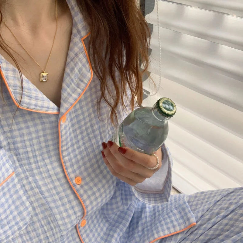Cotton Women's Pajamas Korean Sleepwear Female 2 Piece Set Pijama Plaid Nightwear Autumn Pyjamas Home Clothes Loungewear