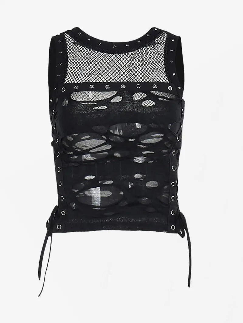 Gothic Ripped Fishnet Panel Grommet Side Lace Up Sexy Vest Black Round Neck Women Crop Tank Top