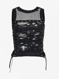 Gothic Ripped Fishnet Panel Grommet Side Lace Up Sexy Vest Black Round Neck Women Crop Tank Top