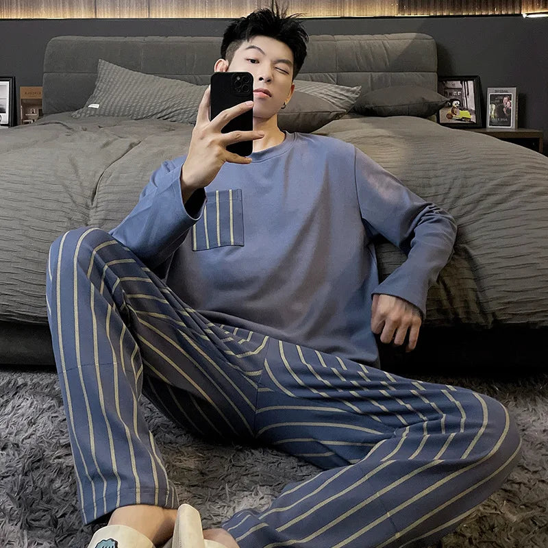 Autumn Cotton Pijama for Men Plus Size 3XL Lounge Pyjamas Set Male 2 Pieces Set Sleepwear Sleeping Top Pant Home Suit 2022
