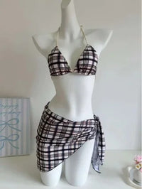 Low-Waist Plaid Bikini with Drawstring Strap Thermal Spring Swimsuit Women's Fashionable Vintage Lace Detailing By-Jane
