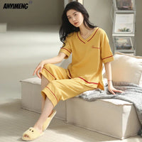 Knitted Cotton Pijama Cartoon Pajamas Sets Women Pyjamas Summer Sleepwear Mujer Nightwear Plus Size Calf-Length Pants Homewear