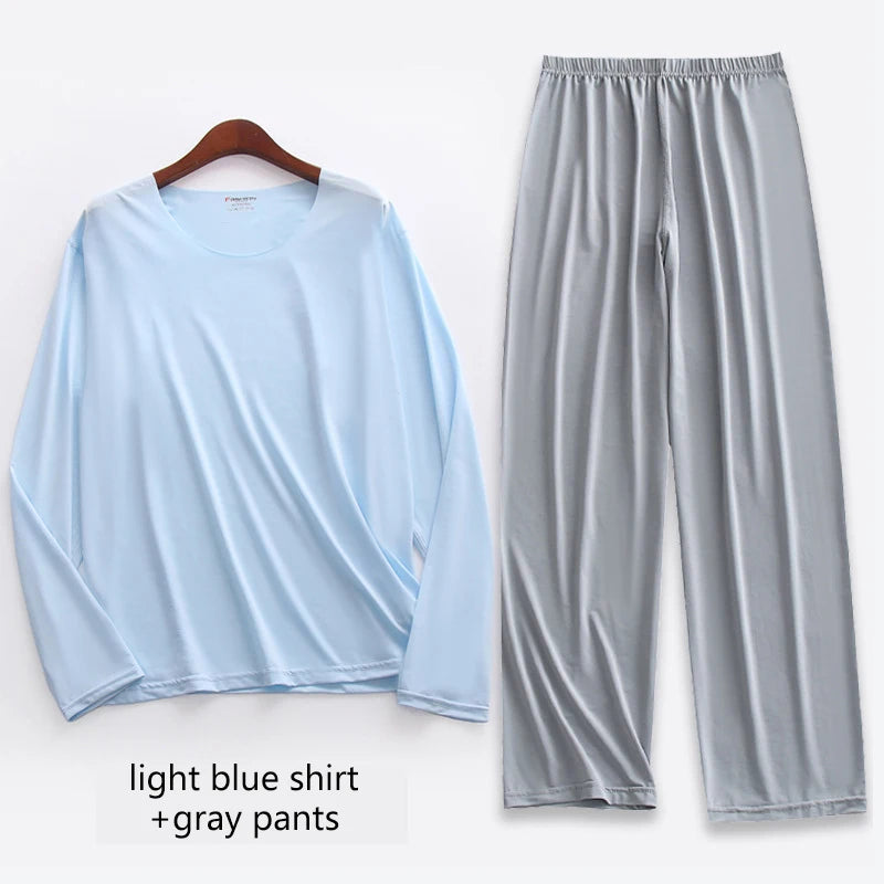 Large Size Men Ice Silk Pajamas Solid Shirt & Pants 2Pcs Pijamas Sleep Set Thin Home Clothing Sleepwear Summer Nightwear Suit
