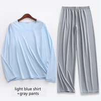 Large Size Men Ice Silk Pajamas Solid Shirt & Pants 2Pcs Pijamas Sleep Set Thin Home Clothing Sleepwear Summer Nightwear Suit