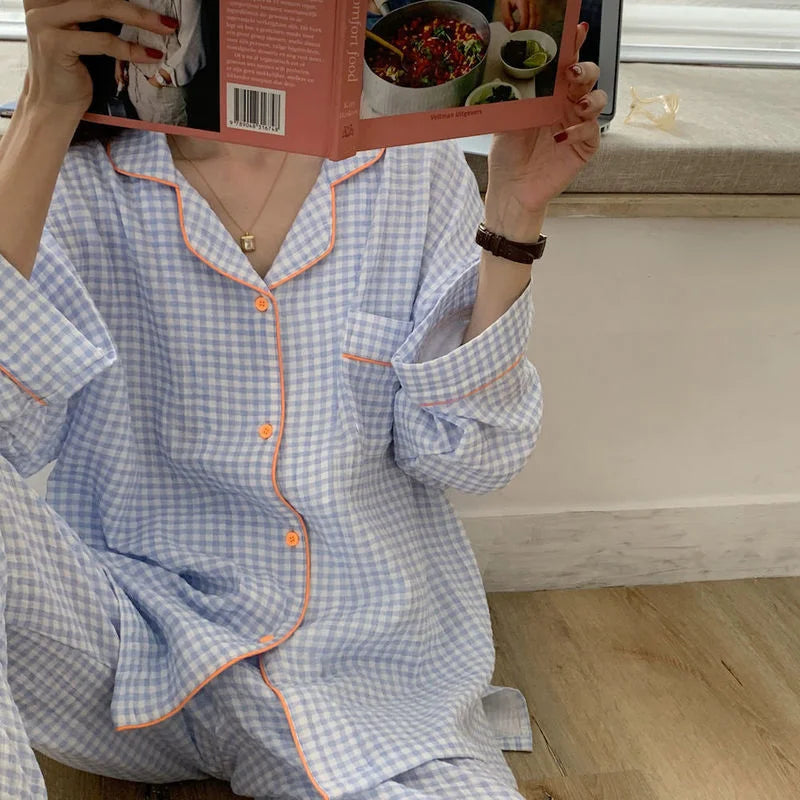 Cotton Women's Pajamas Korean Sleepwear Female 2 Piece Set Pijama Plaid Nightwear Autumn Pyjamas Home Clothes Loungewear