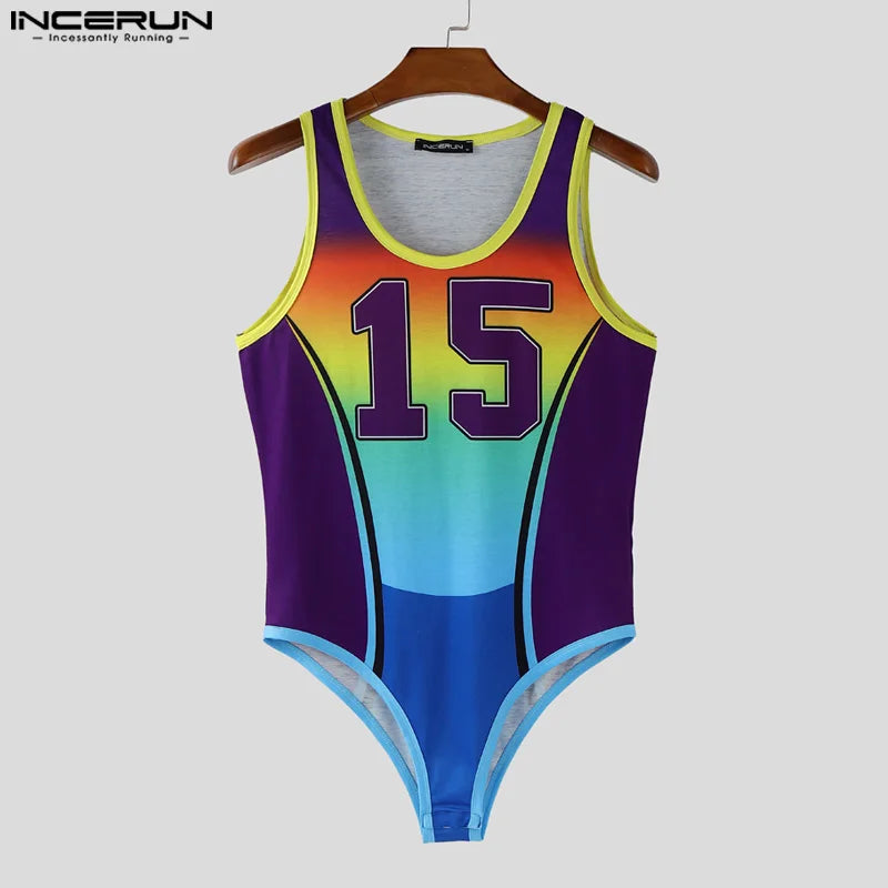 INCERUN Men Bodysuits Patchwork Printing Gradient O-neck Sleeveless Male Rompers Workout Playsuits 2025 Fashion Casual Bodysuit