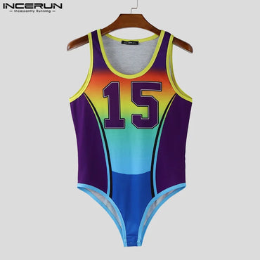 INCERUN Men Bodysuits Patchwork Printing Gradient O-neck Sleeveless Male Rompers Workout Playsuits 2025 Fashion Casual Bodysuit