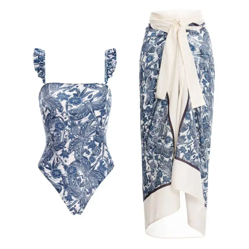 2026 New 2-Piece Women Bikini Set Bodysuit Skirt Cover Ups Sets Women Swimsuit Bandage Bathing Fashion Print Splice Beach Suit