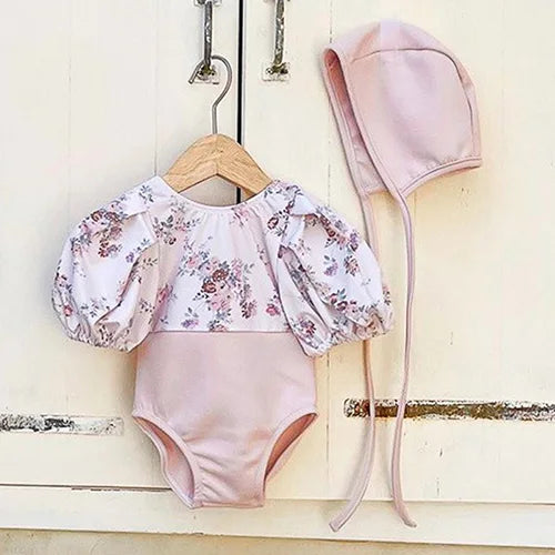 2024 New Summer Infant Baby Girls Swimsuit+Hat 0-3Yrs Kids Swimwear Toddler Baby Girls Beachwear Short Sleeved Printing Rompers