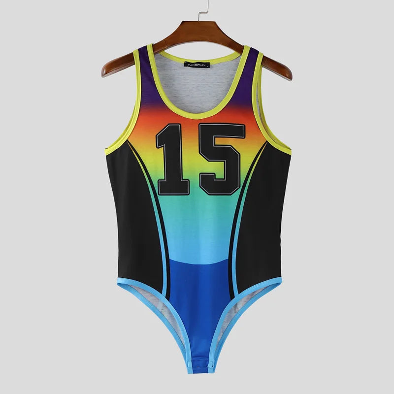 INCERUN Men Bodysuits Patchwork Printing Gradient O-neck Sleeveless Male Rompers Workout Playsuits 2025 Fashion Casual Bodysuit