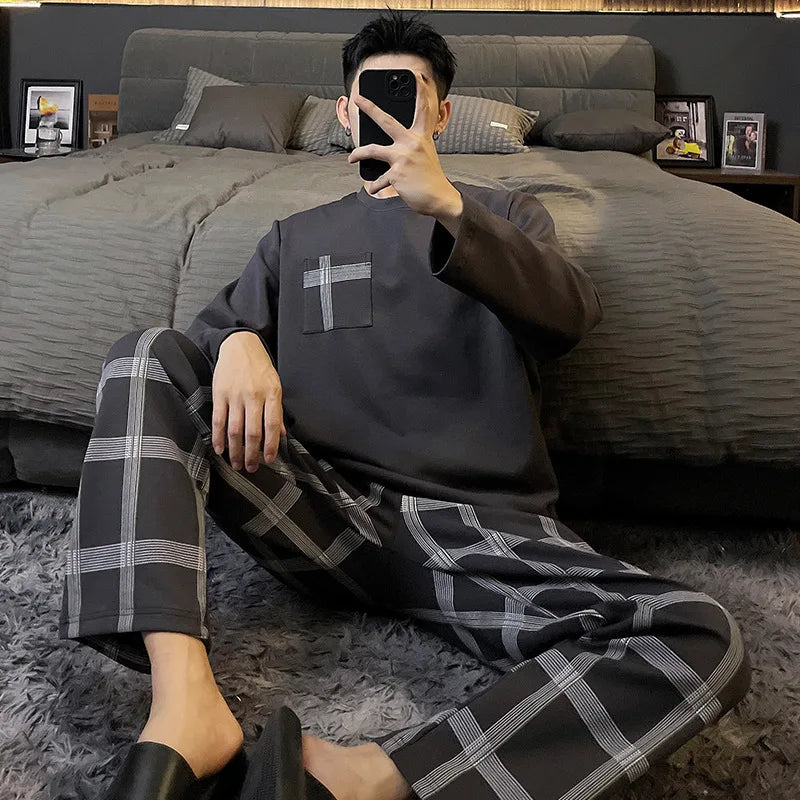 Autumn Cotton Pijama for Men Plus Size 3XL Lounge Pyjamas Set Male 2 Pieces Set Sleepwear Sleeping Top Pant Home Suit 2022