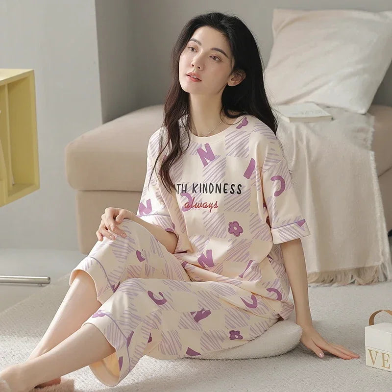 Knitted Cotton Pijama Cartoon Pajamas Sets Women Pyjamas Summer Sleepwear Mujer Nightwear Plus Size Calf-Length Pants Homewear