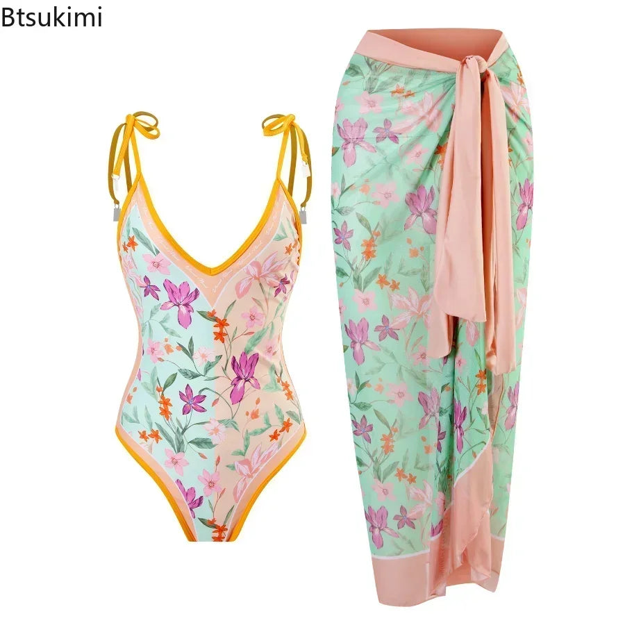 2026 New 2-Piece Women Bikini Set Bodysuit Skirt Cover Ups Sets Women Swimsuit Bandage Bathing Fashion Print Splice Beach Suit