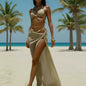 Hollow out simple and fashionable three piece elegant sleeveless summer slim fit beach wear bikini long skirt swimsuit set