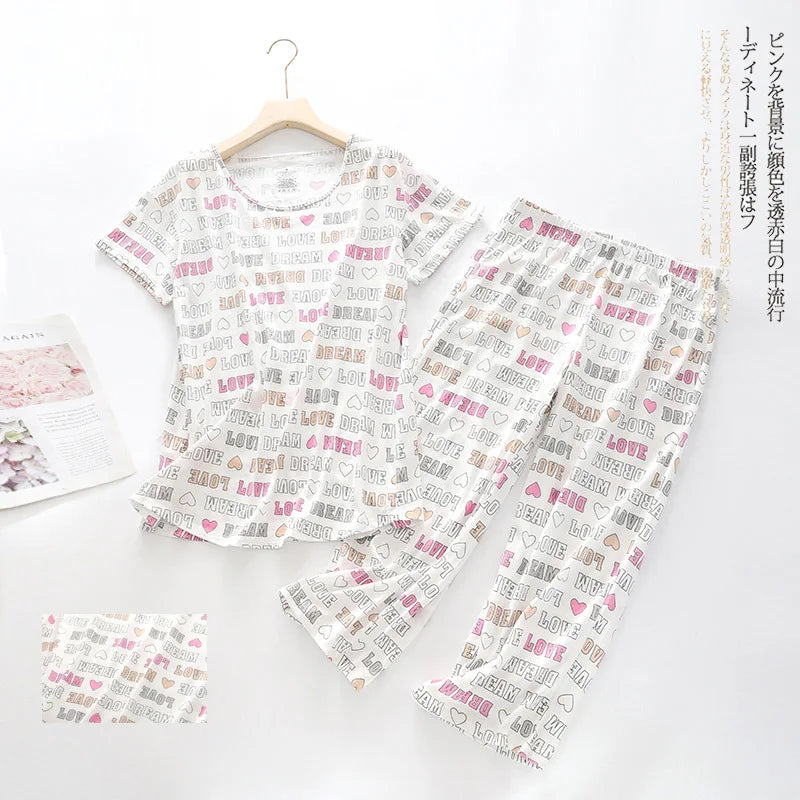 Pajama Sets for Women Summer Short Sleeve Plus Size Lightweight Sleepwear Suit Cute Fresh Homewear 2pcs Suits