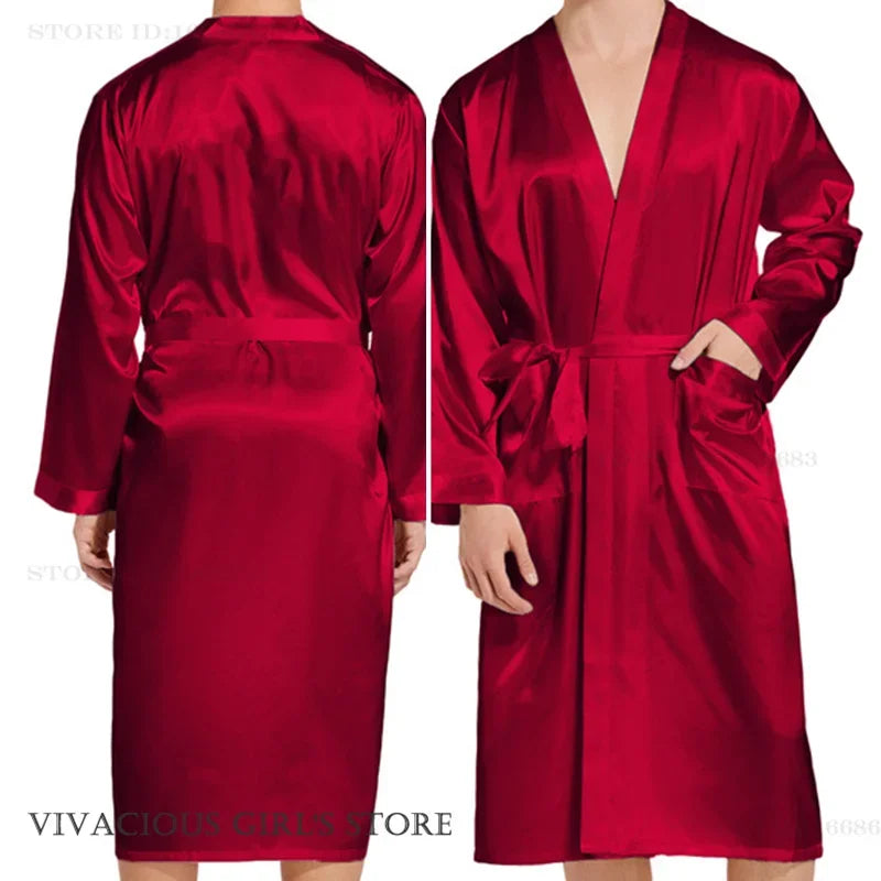 Burgundy Bridegroom Wedding Robe Long Kimono Bathrobe Gown with Pocket Belt Spring Summer Sleepwear Homewear Satin Loungewear