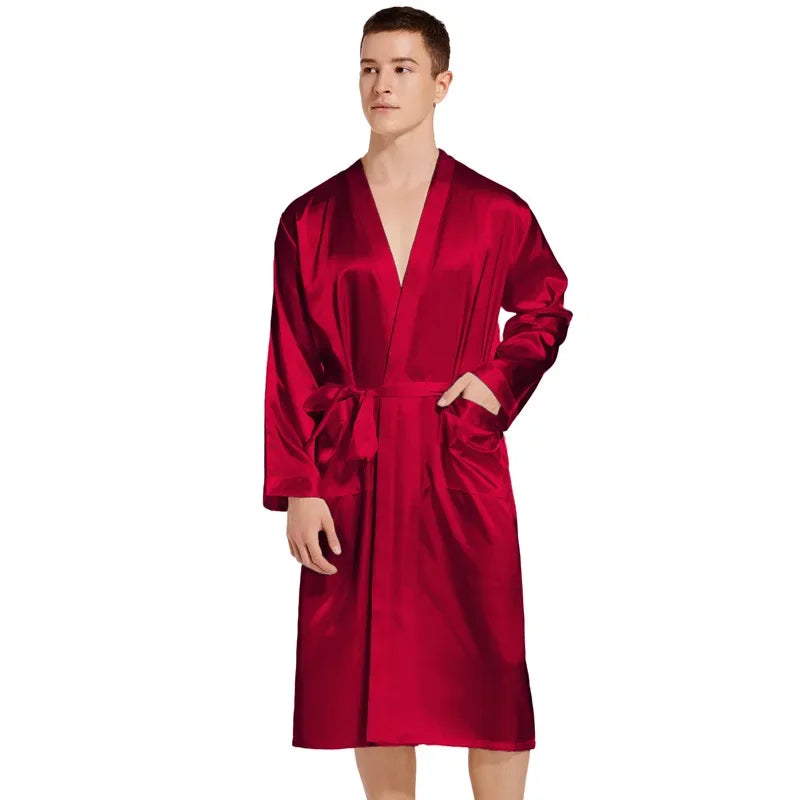 Burgundy Bridegroom Wedding Robe Long Kimono Bathrobe Gown with Pocket Belt Spring Summer Sleepwear Homewear Satin Loungewear
