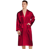 Burgundy Bridegroom Wedding Robe Long Kimono Bathrobe Gown with Pocket Belt Spring Summer Sleepwear Homewear Satin Loungewear