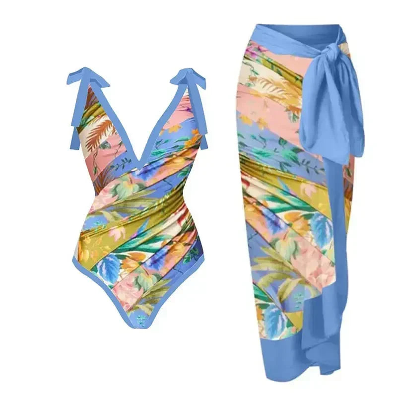 2026 New 2-Piece Women Bikini Set Bodysuit Skirt Cover Ups Sets Women Swimsuit Bandage Bathing Fashion Print Splice Beach Suit