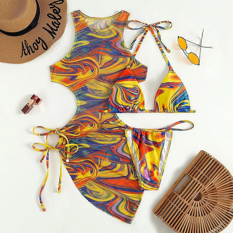 3 Pieces Bikini Set Women Leopard Halter Sexy Swimsuit 2026 Bikinis With Beach Cover Up Swimwear Backless Bandage Bathing Suit