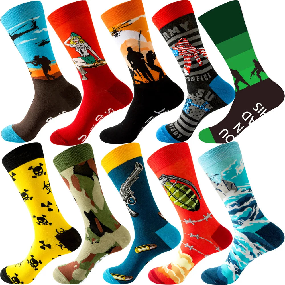 10 Pairs/Lot Funny Happy Men Socks Crew Socks Colorful Combed Cotton Christmas Rhombus Casual Fashion Autumn Big Size Men Socks
