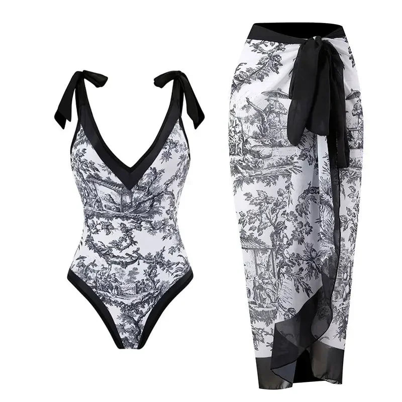 2026 New 2-Piece Women Bikini Set Bodysuit Skirt Cover Ups Sets Women Swimsuit Bandage Bathing Fashion Print Splice Beach Suit