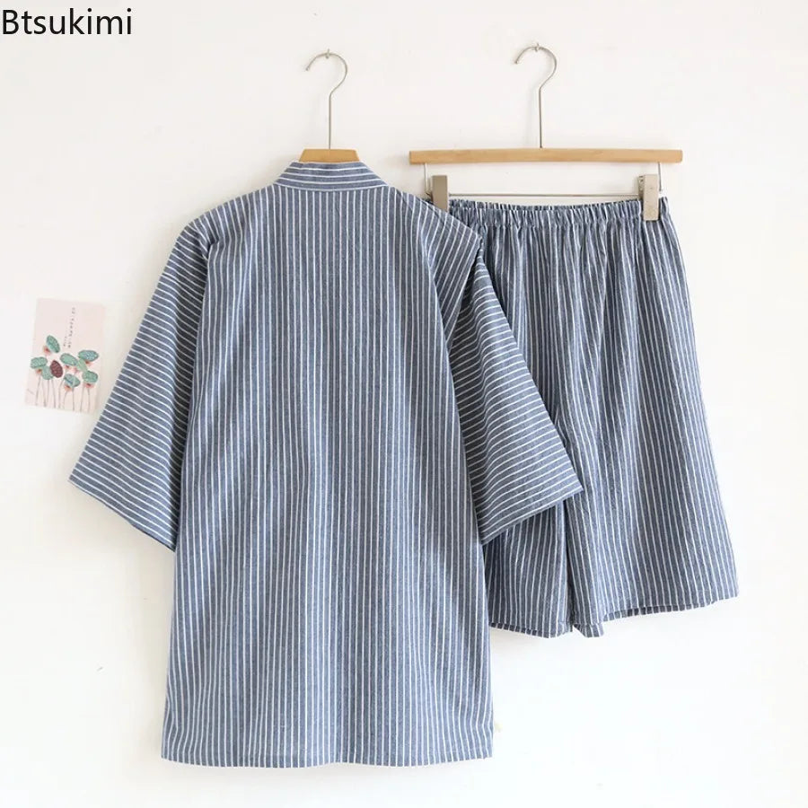 2026 Men's Summer 100% Cotton Pajama Sets Loose Bathrobes V-Neck Kimono Pijama Striped Half Sleeve and Shorts Men Homewear Suit