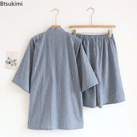 2026 Men's Summer 100% Cotton Pajama Sets Loose Bathrobes V-Neck Kimono Pijama Striped Half Sleeve and Shorts Men Homewear Suit
