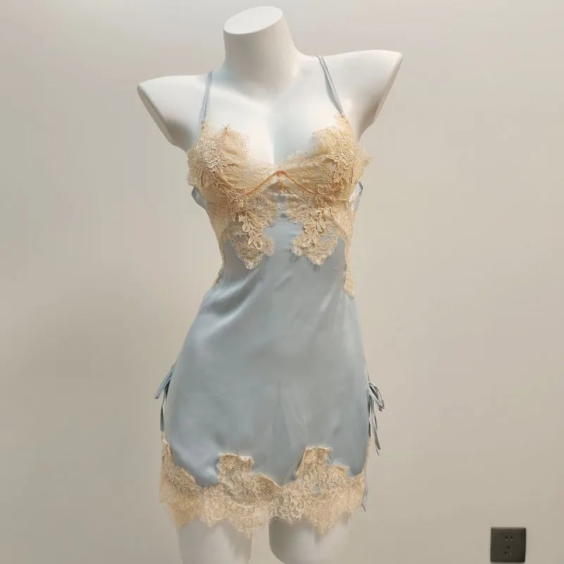 Silk Nightgowns Sexy Pajamas Pure Desire High Quality Deep V Nightdress Small Chest Hollow Lace Halter Pajama Dress Home Clothes