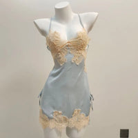 Silk Nightgowns Sexy Pajamas Pure Desire High Quality Deep V Nightdress Small Chest Hollow Lace Halter Pajama Dress Home Clothes