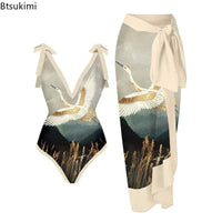 2026 New 2-Piece Women Bikini Set Bodysuit Skirt Cover Ups Sets Women Swimsuit Bandage Bathing Fashion Print Splice Beach Suit