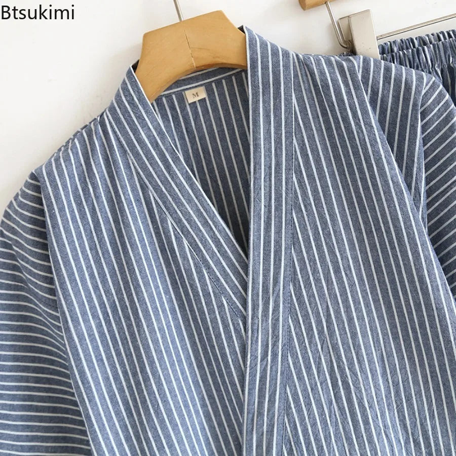 2026 Men's Summer 100% Cotton Pajama Sets Loose Bathrobes V-Neck Kimono Pijama Striped Half Sleeve and Shorts Men Homewear Suit